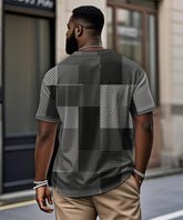 Men's Plus Size Gray Geometric Print Henry Collar Button Short Sleeve T-shirt
